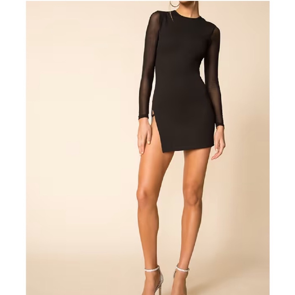 Black Long Sleeve Mini Dress leg slit from superdown - Picture 2 of 4
